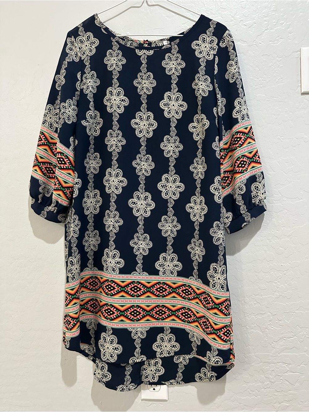 Navy Patterned Midi Dress with Coral & Green Tribal Border